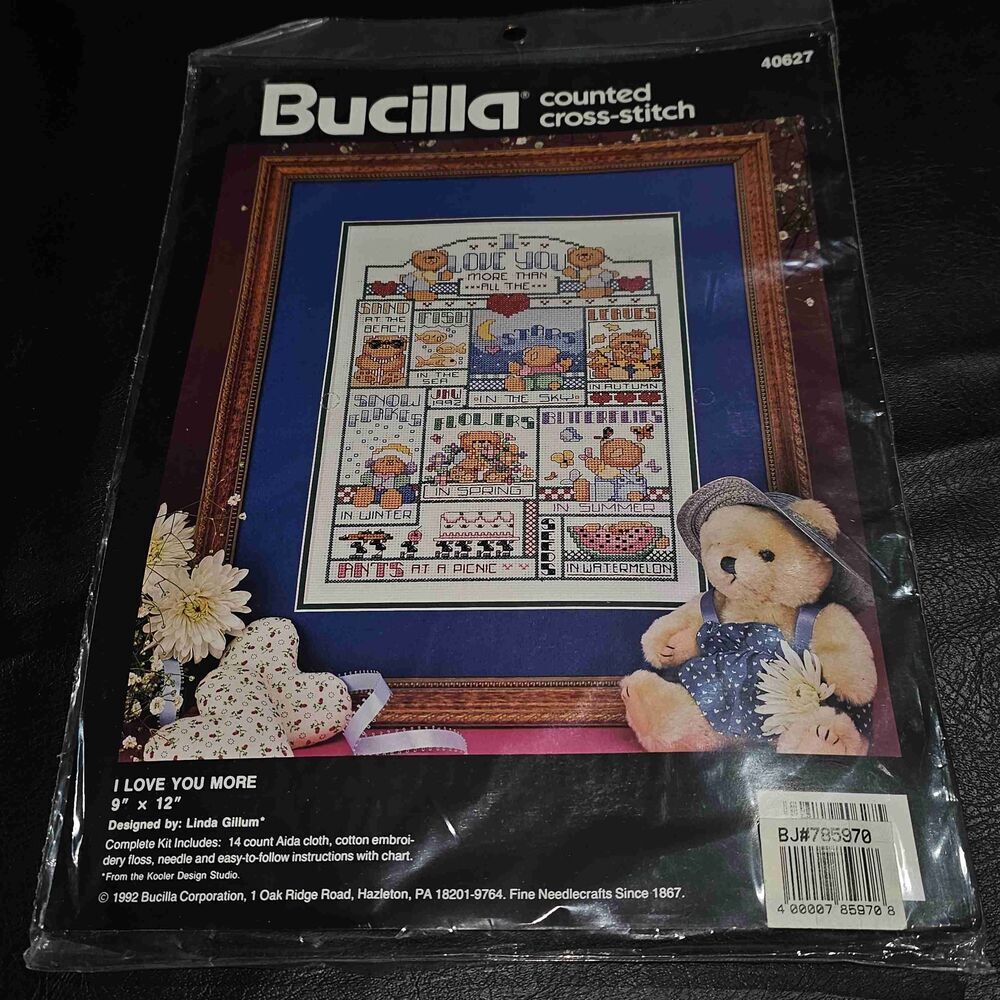 NEW Bucilla I Love You More Teddy Bear Cross Stitch Kit‎ 9x12